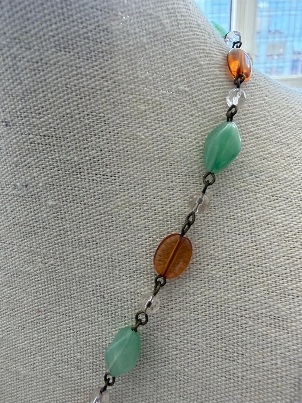 Vintage Butterfly Pendant Necklace with Green & Orange Glass Beads. - Picture 5 of 6